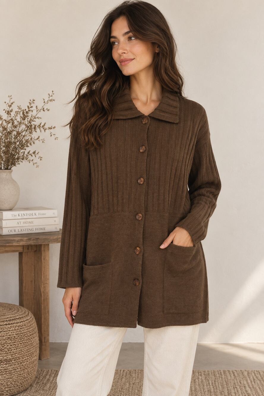 VTG Rodier Brown Wool Blend Long Cardigan Sweater Jacket Medium Minimalist Chic